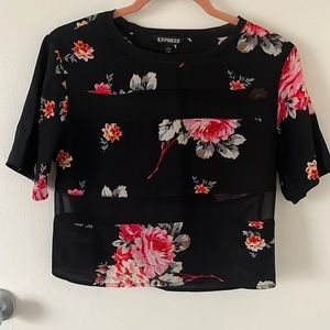 Black floral top with sheer panels